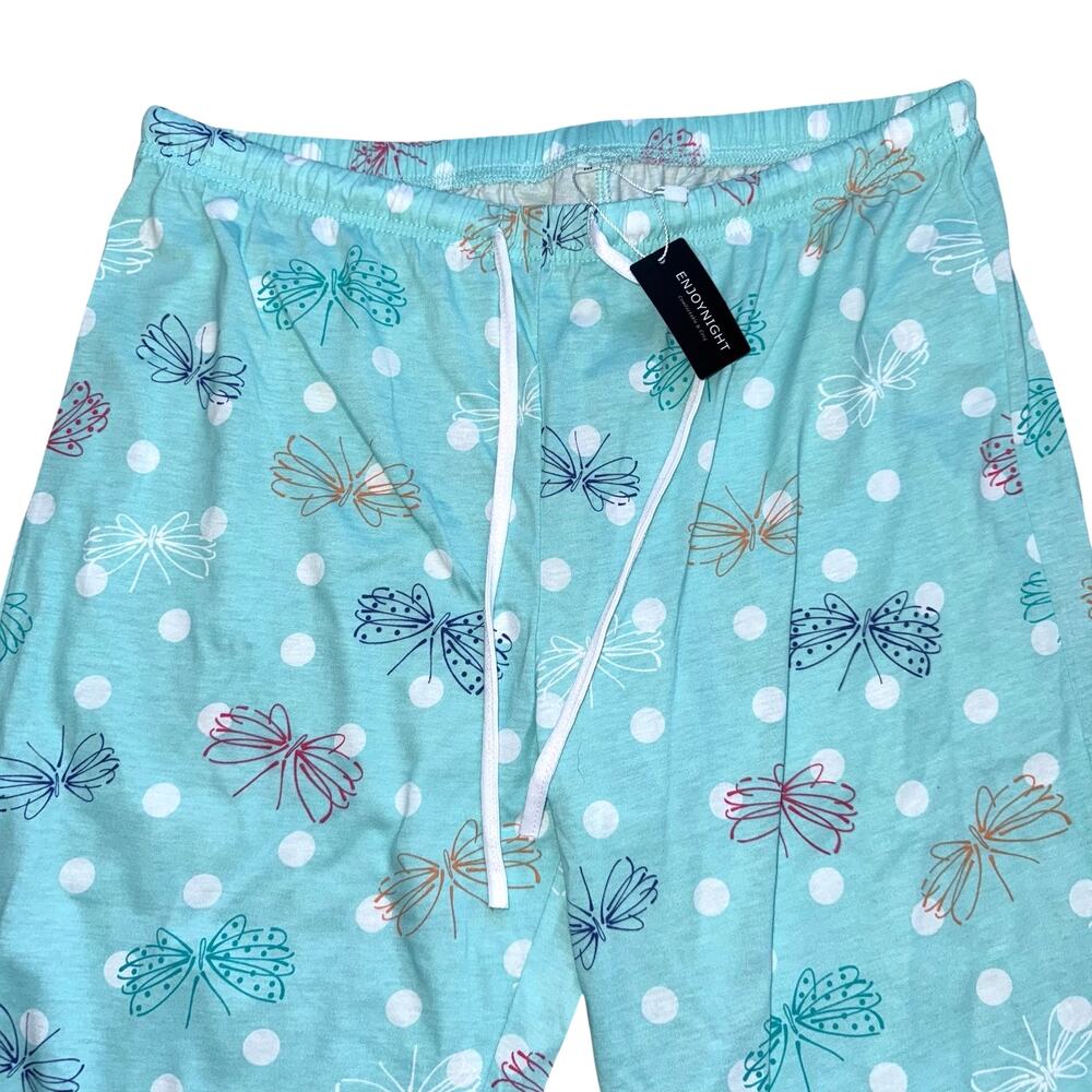 ENJOY NIGHT WOMENS SIZE MEDIUM M LOUNGE PAJAMA PANTS AQUA POLKA DOT BUTTERFLY